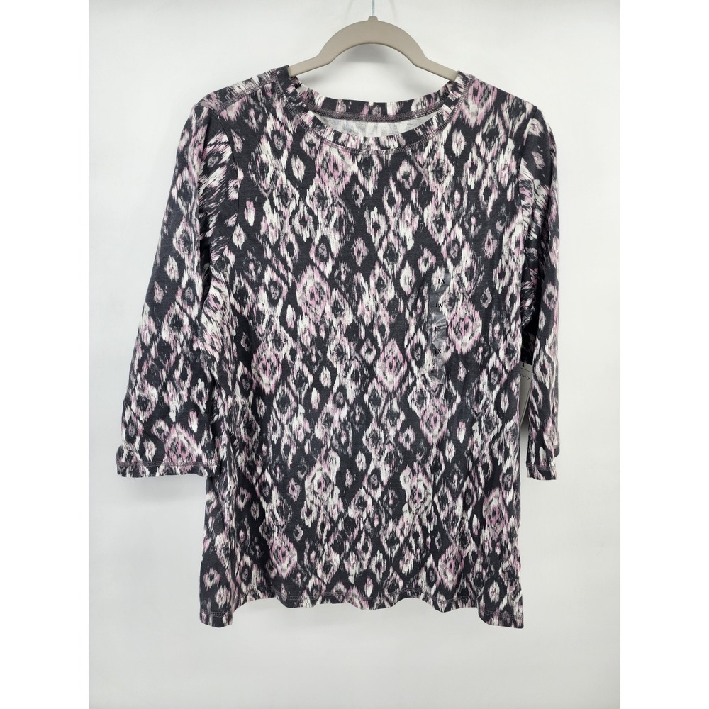 Relativity Womens 1X Top Black Pink Ikat Geometric 3/4 Sleeve Cotton Knit‎ NWT